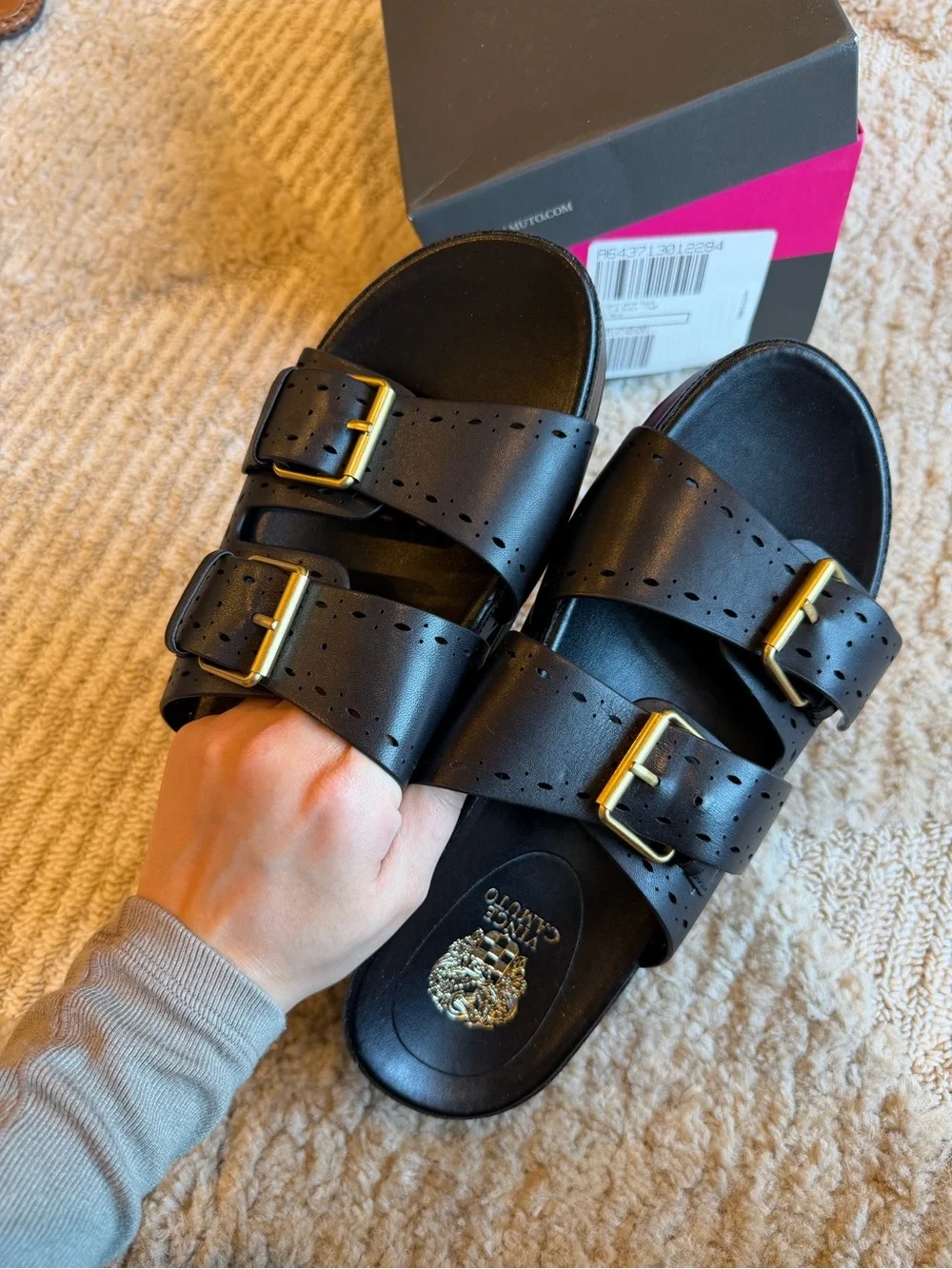 Vince Camuto‎ Black Double-Buckle Perforated Slide Sandals with Gold Buckles